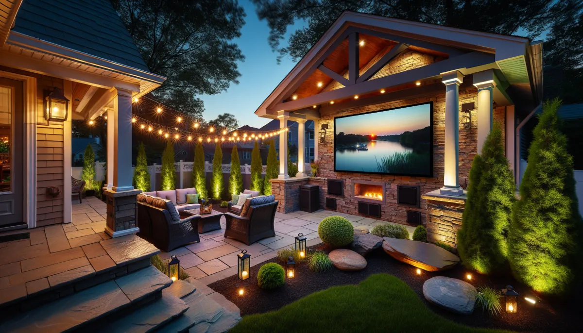 Outdoor entertainment patio at dusk with weather-rated TV, landscape speakers, and smart lighting