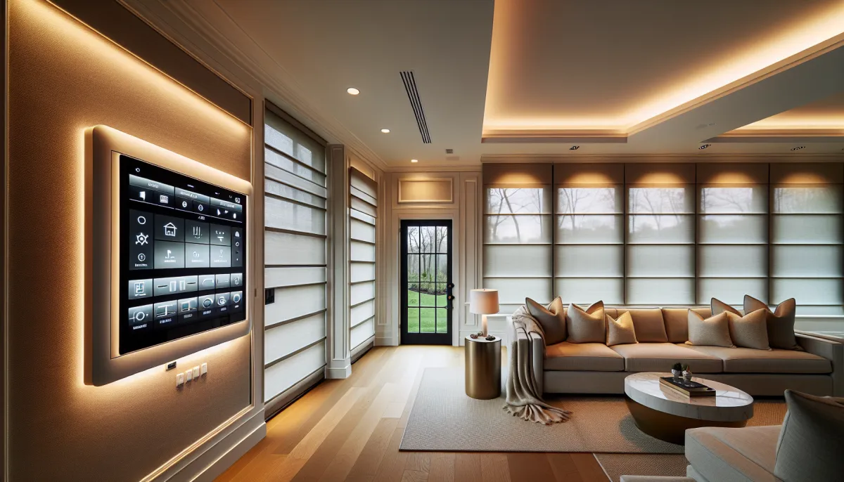 Smart home living room with Lutron lighting keypads and motorized shades